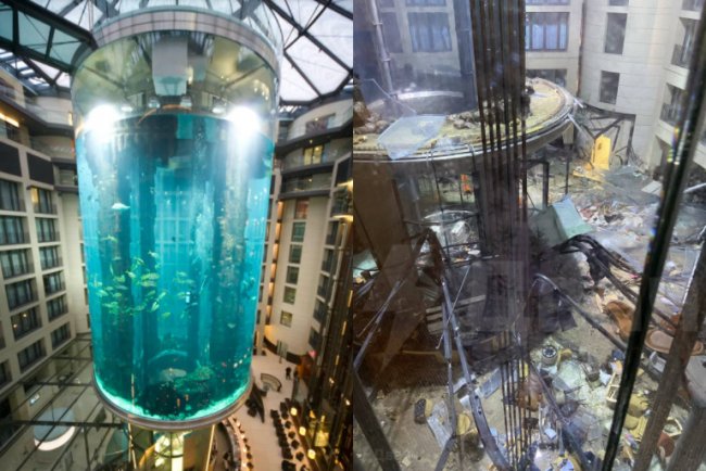 В Германии разлетелся на осколки самый большой в мире цилиндрический аквариум: видео