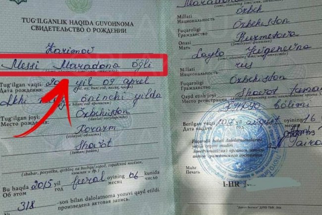 Мужчина из Узбекистана назвал своего сына Месси Марадона угли