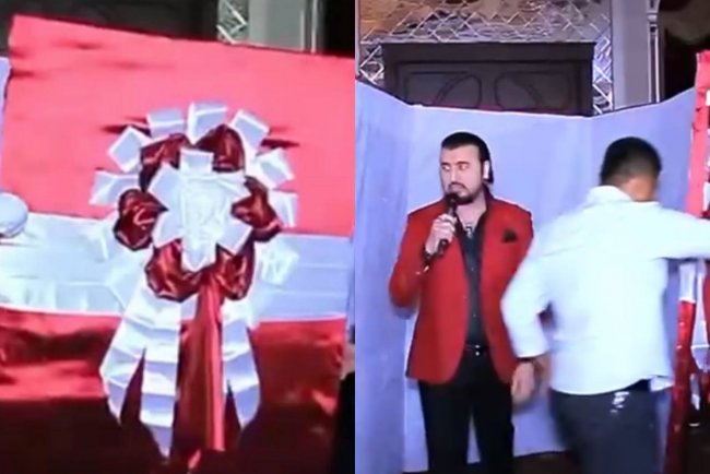 Видео: Узбекский певец Шохджахон Джураев появился на свадьбе из огромной коробки