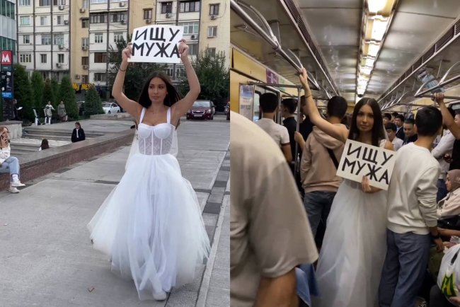 Видео: В Ташкенте девушка в свадебном платье прогулялась по городу в поисках мужа